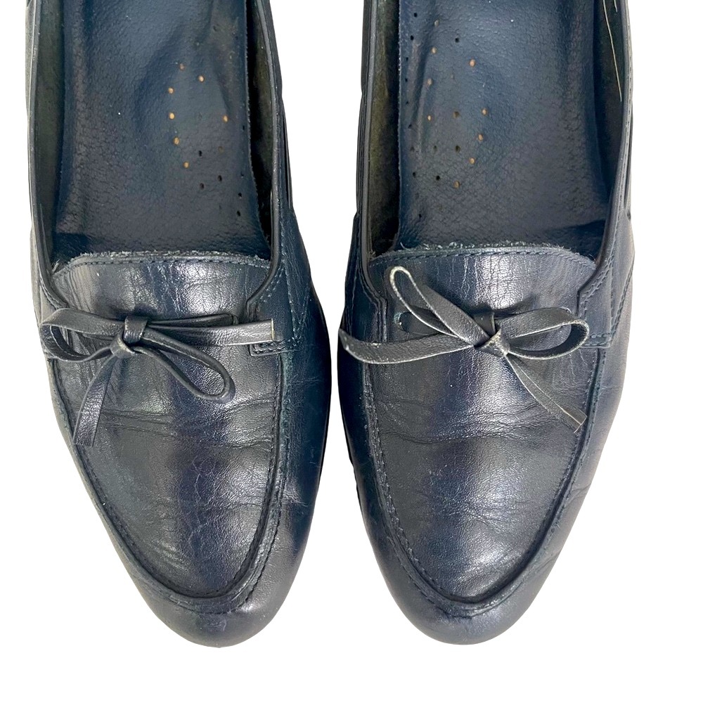 SELBY Navy Brown Leather Slip on Flats. Wedge Heel and Bow size 10N